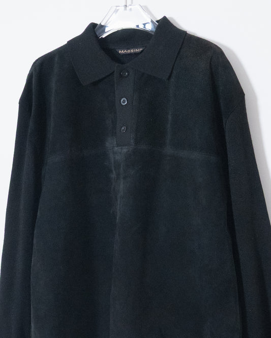 Leather panel knit polo shirt