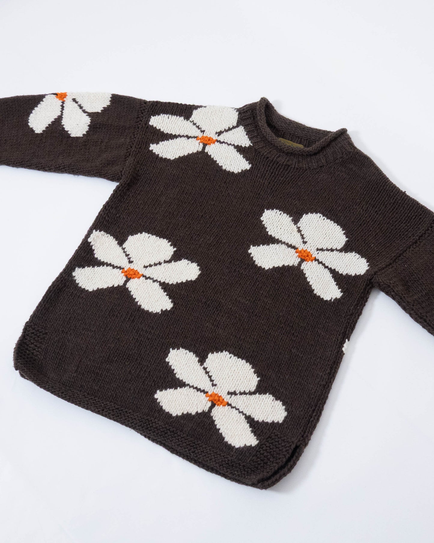 floral pattern roll neck ecuador hand knit sweater