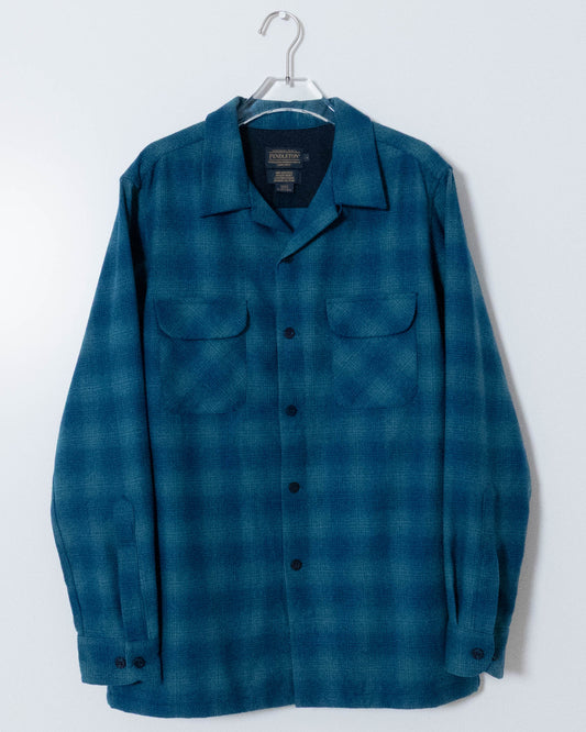 "PENDLETON" shadow plaid open collar wool shirt